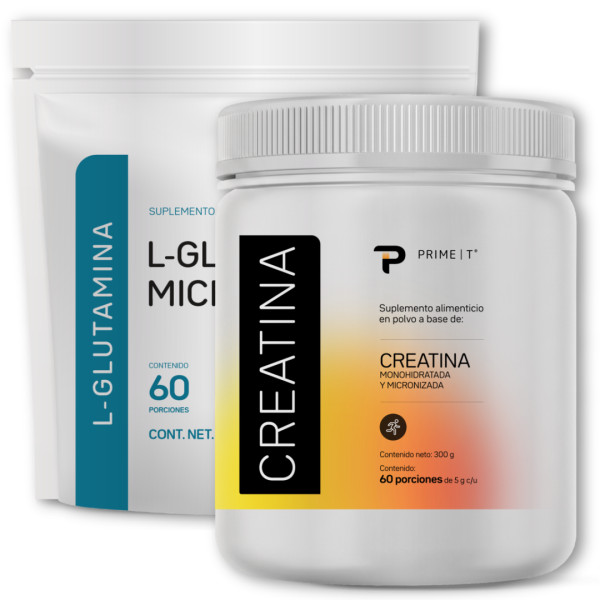 L-Glutamina 300 g y Creatina 300 g frente